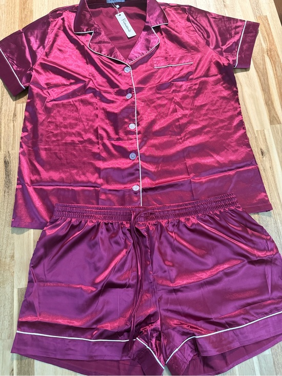 Yimanie Other - Satin Short Sleeve Pajama Set in Burgundy with White Piping